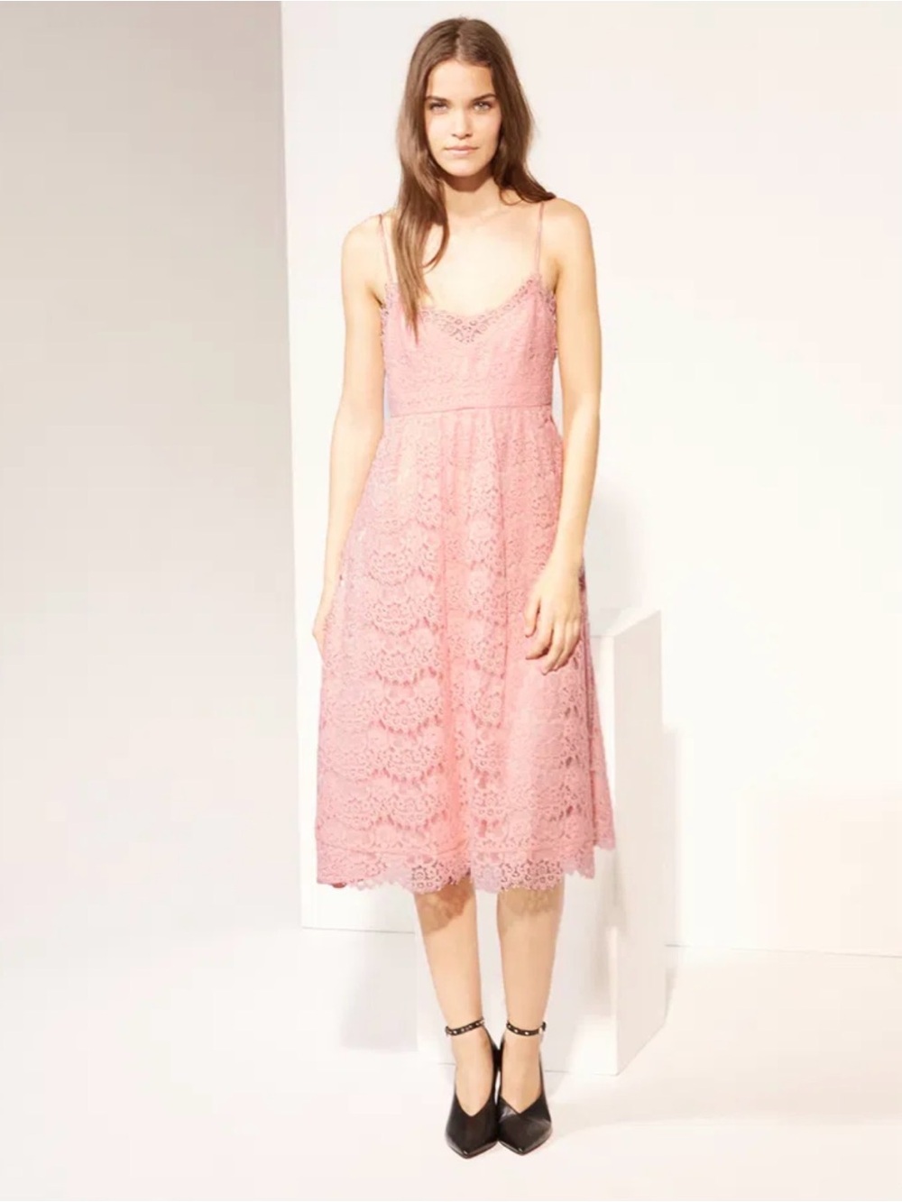 Claudie Pierlot Rieuse pink lace spaghetti strap midi dress size 36
